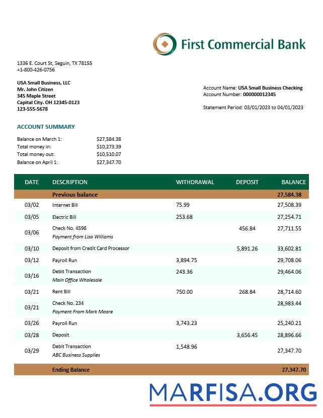 Realistic First Commercial Bank company statement Word and PDF template
